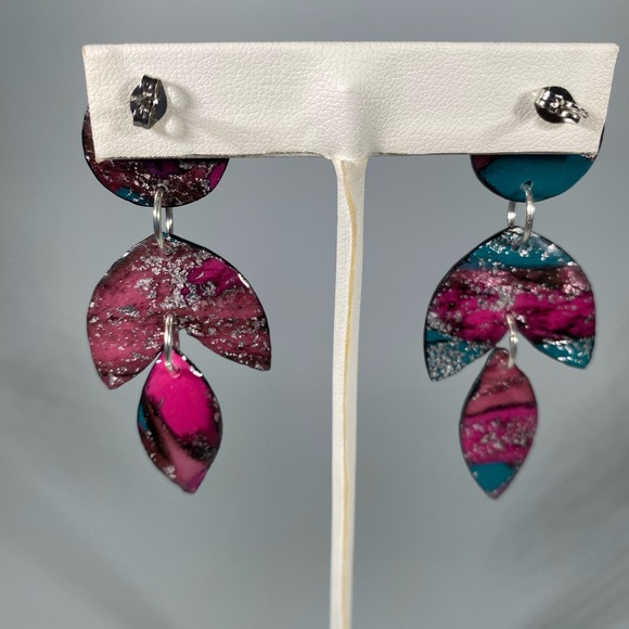 Handmade Polymer Clay Purple and Green Lightweight Dangle Post Earrings - Picture 4 of 6